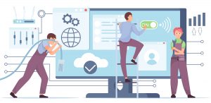 Techniker richtet IT-Ausstattung mit Laptop und Router ein – ganzheitlicher IT-Service für Unternehmen und Privatkunden