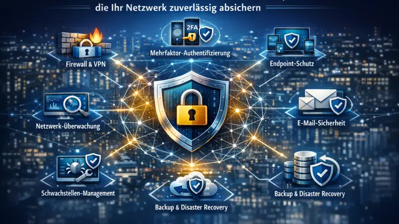Infografik: „Moderne IT-Sicherheitsmaßnahmen, die Ihr Netzwerk zuverlässig absichern“. In der Mitte ein Schild mit Vorhängeschloss, umgeben von Symbolen für Firewall & VPN, Mehrfaktor-Authentifizierung, Endpoint-Schutz, E-Mail-Sicherheit, Netzwerk-Überwachung, Schwachstellen-Management, Backup & Disaster Recovery sowie Security Awareness Schulungen. Digitales Netzwerk im Hintergrund.